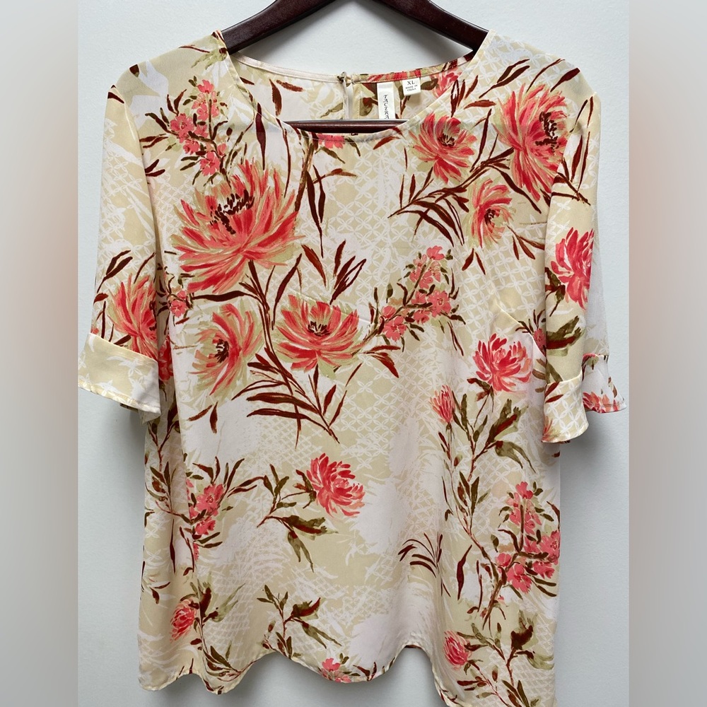 Tacera Floral Print Top - Cream and Pink